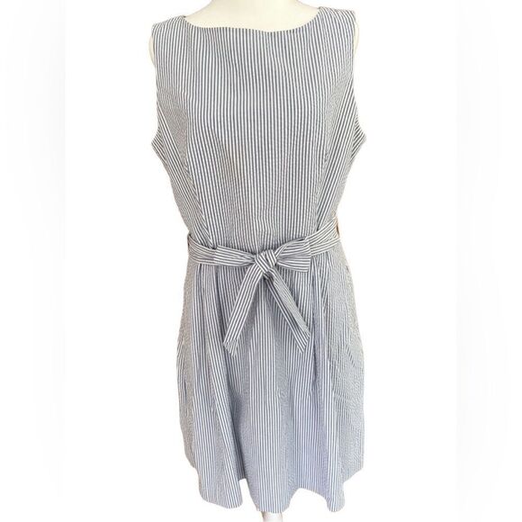 ANNE KLEIN DRESS Women's White & Blue Stripes with tie front size 10
MSRP $119 - Picture 1 of 7